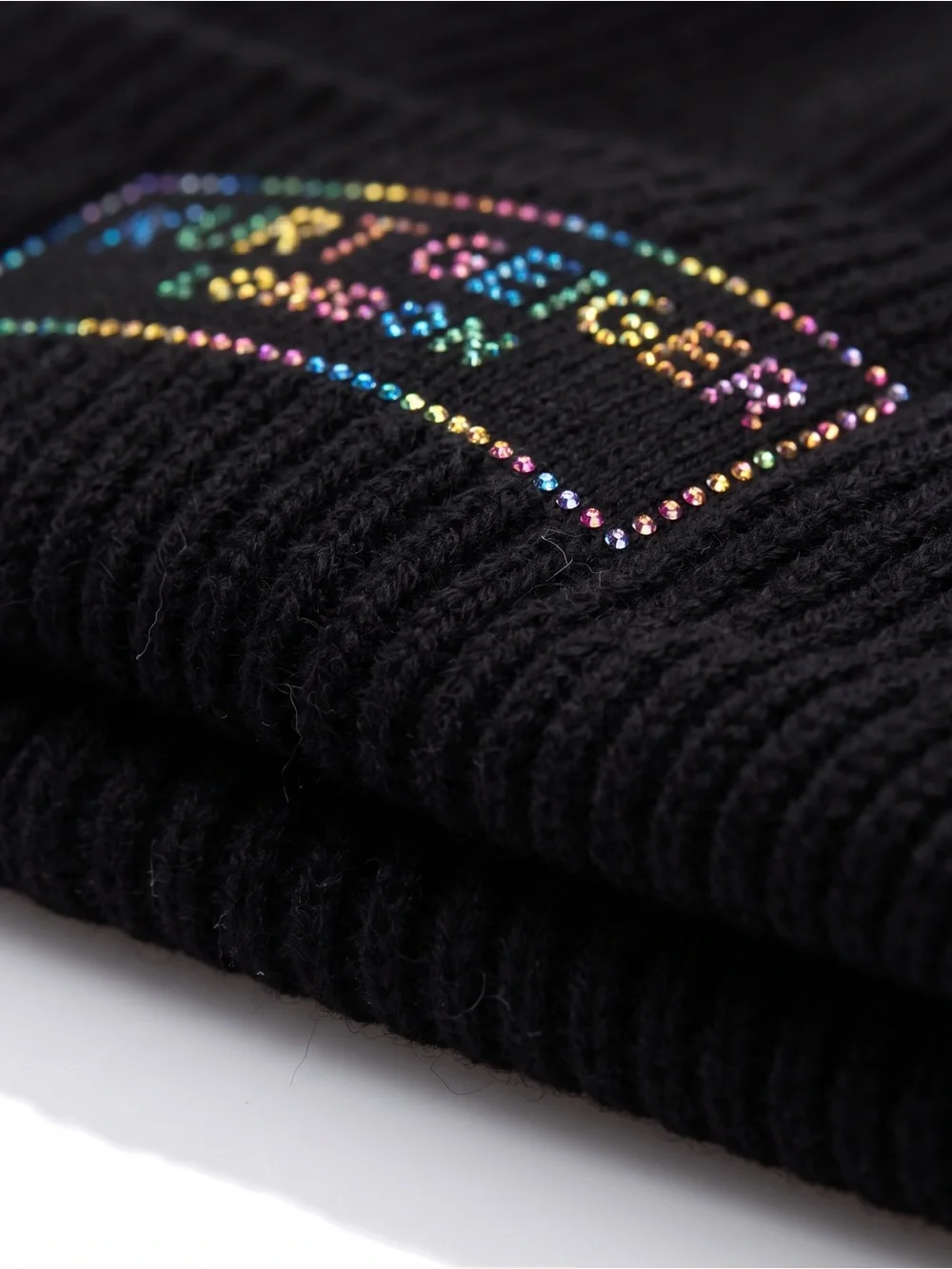 Kurt Geiger London Black Multi-Colored Crystal Logo Cuffed Ribbed Beanie NWOT